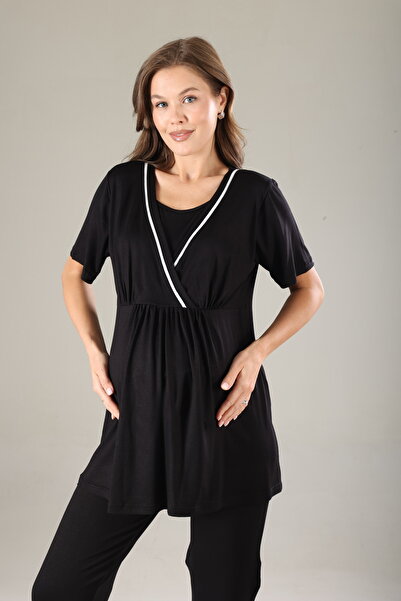 Genel Markalar Siyah Biyeli Özel Tasarım Pamuklu Sabahlıklı Hamile Lohusa Pijama Takımı