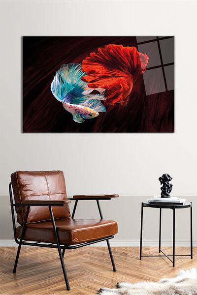 Vosevu Red Blue Beta Fishes Horizontal Glass Painting, Modern Home Office Decor, Gift Wall Decoration
