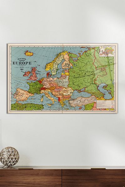 Vosevu Vintage 1925 Europe Map Horizontal Glass Painting, Modern Home Office Decor, Gift Wall Decoration