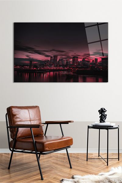 Vosevu Red City Landscape Horizontal Glass Painting, Modern Home Office Decor, Gift Wall Decoration, Unbreakable