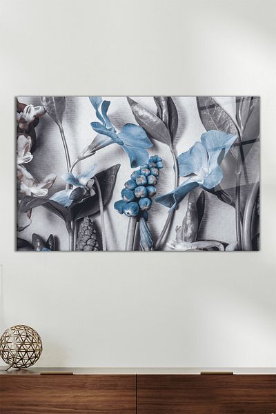 Vosevu Pictură orizontală din sticlă cu flori de crin albastru, decor modern pentru birou, decorare de perete cadou, sticlă rezistentă la spargere