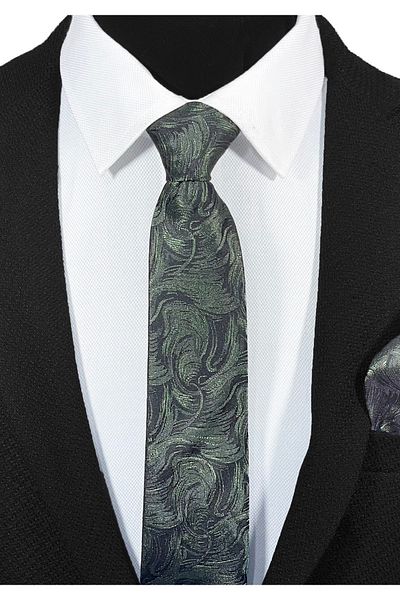 BLC Basic Line Co. Elegant Black Background with Green Paisley Microfiber Tie and Pocket Square Set – 7 cm