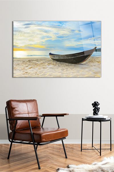 Vosevu Sandală pe plajă, pictură orizontală din sticlă, decor modern pentru birou, decorare de perete pentru cadou, sticlă rezistentă la spargere