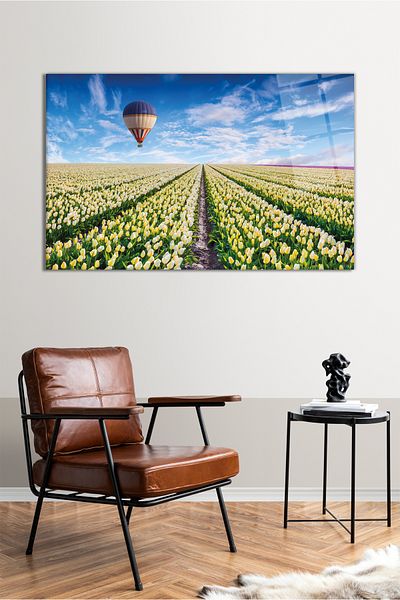 Vosevu Balon zburător în grădina de lalele, pictură orizontală pe sticlă, decor modern pentru birou, decorare de perete cadou