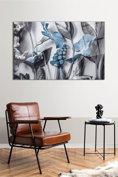 Vosevu Pictură orizontală din sticlă cu flori de crin albastru, decor modern pentru birou, decorare de perete cadou, sticlă rezistentă la spargere