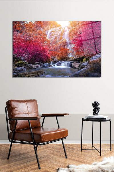 Vosevu Autumn Leafy Nature Waterfall Horizontal Glass Painting, Modern Home Office Decor, Gift Wall Decoration