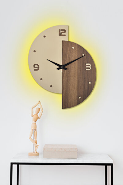 İnfigo Concept Dekoratif Ahşap Işıklı Krem Ceviz Ledli Duvar Saati 40x50 Cm -...