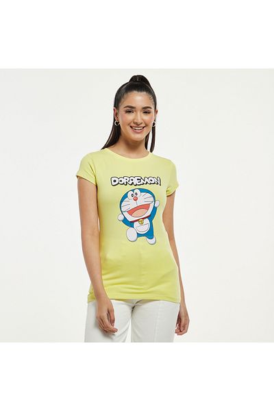 SP Characters Doraemon Graphic Print T-shirt with Round Neck and Cap Sleeves