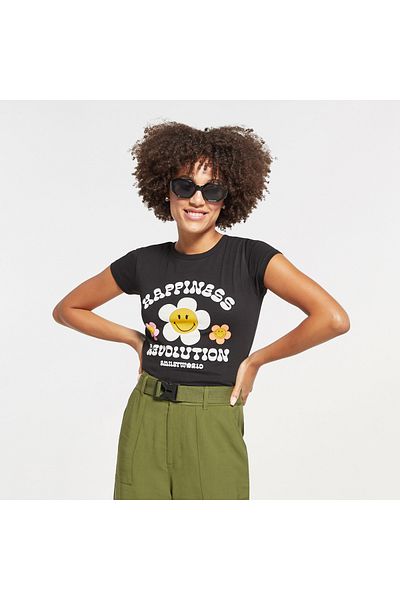 SP Characters Smiley World Print T-shirt with Crew Neck and Cap Sleeves