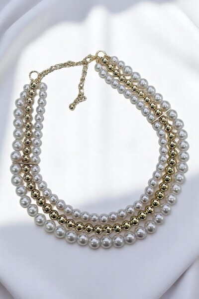 PETEK AKSESUAR 3 SIRA ÇOKLU İNCİ TOP METALİZE BONCUK KOLYE