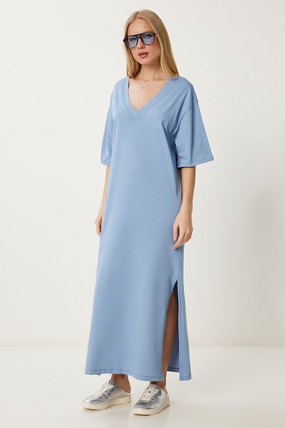 Lovelyİstanbul Oversize Basic Summer Stretch Knitted Dress Blue Lub0113