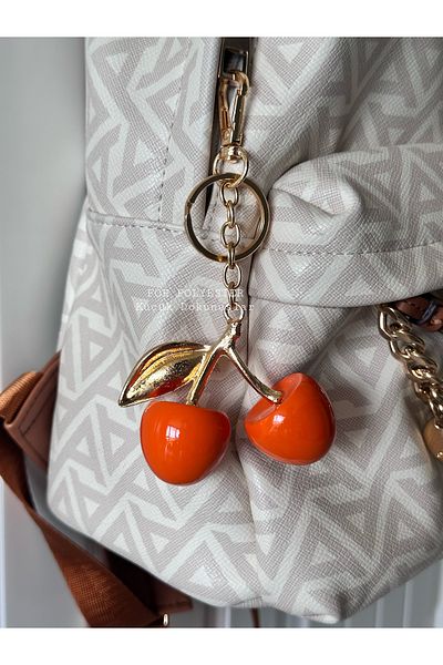 FOR POLYESTER Küçük Dokunuşlar Gold Detailed Pink Cherry Viral Bag Charm / Keychain / Accessory