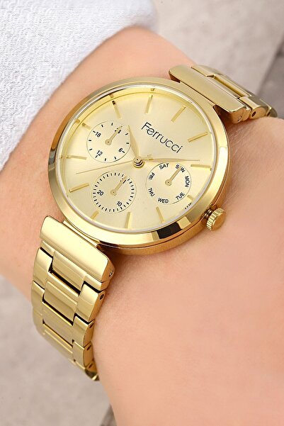 Ferrucci ساعة يد نسائية مقاومة للماء بسلك فولاذي ذهبي اللون 3 ATM