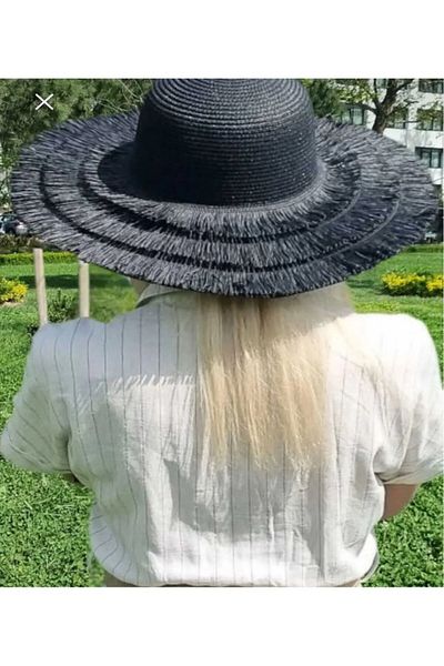 PARLAK EVREN Black Fringe Beach Hat
