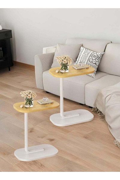 Taimi طاولة جانبية على شكل حرف C، قطعتان، تصميم أنيق مع معدن، 45×30×60 سم، لون خشبي، إطار أبيض