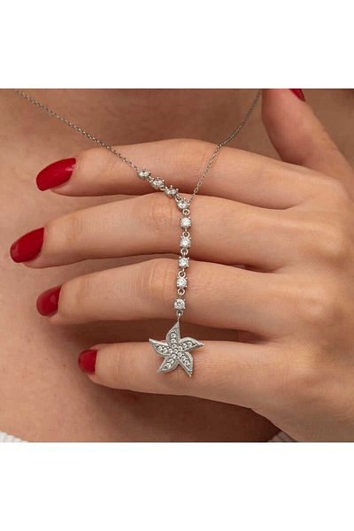 Emperium Silver Row Zircon Stone Starfish Women's Necklace