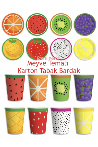parti pera Meyve Temalı Karton Tabak Bardak 8'li Set
