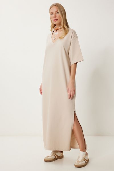 Lovelyİstanbul Oversize Basic Summer Stretch Knitted Dress Beige Lub0113