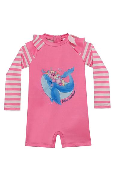 wakawakakidsstore Pink Long Sleeve Girls Swimming Romper with Whale and Flower Pattern - Pink