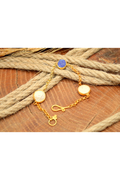 alpsilverart 925 Ayar Gümüş Lapis Lazuli ve İnci Taşlı El Yapımı Bileklik | D...