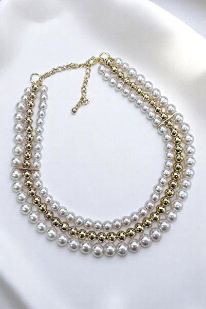 PETEK AKSESUAR 3 SIRA ÇOKLU İNCİ TOP METALİZE BONCUK KOLYE