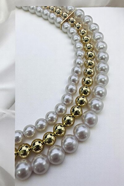 PETEK AKSESUAR 3 SIRA ÇOKLU İNCİ TOP METALİZE BONCUK KOLYE