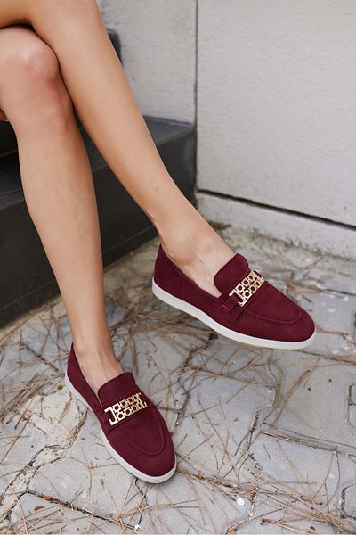ANGELİNA JONES Tuami̇ Women's Burgundy Real Suet Buckle Loafer Shoes