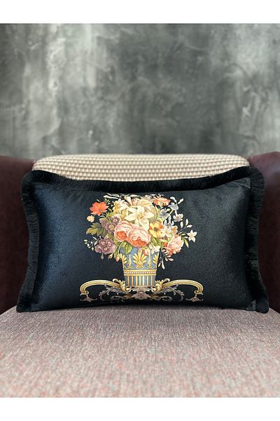 Fabricland Catifea de mătase florală neagră - Teaca dreptunghiulară cu ciucuri (model cu două fețe)