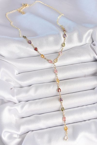 BESKAR Gold Mixed Color Zircon Stone Y Brass Necklace