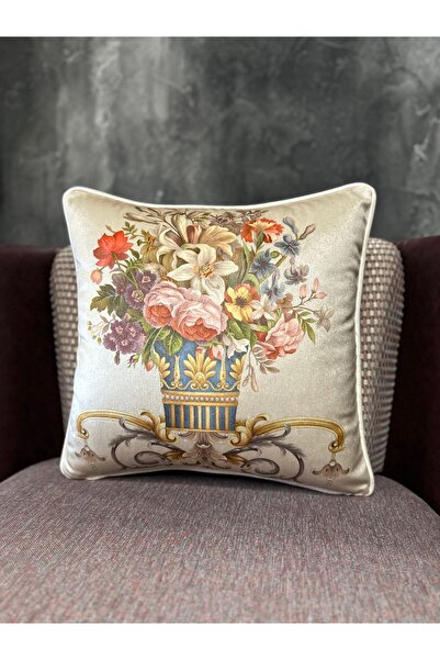 Fabricland Imported Silk Velvet Damask Pattern Cream Color Square Throw Pillow Cover 43X43 cm (Double Sided Pattern)