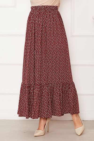 EBRUTESETTÜR Patterned Viscose Skirt with Ruffled Hem and Elastic Waist