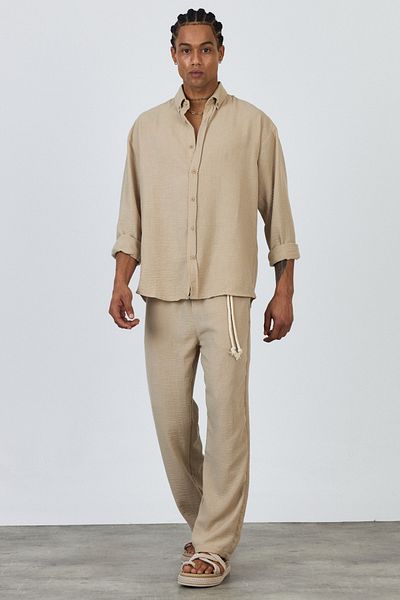 MADZEYMODA Premium New Season Ανδρικό καλοκαιρινό άνετο πουκάμισο και παντελόνι στο κάτω μέρος Μπεζ λινό κοστούμι LS-3298