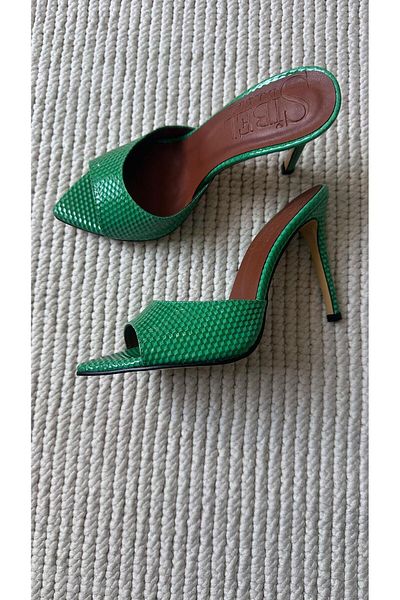 Sibel Shoes Olympos Green Patterned Leather Thin Heel Slippers