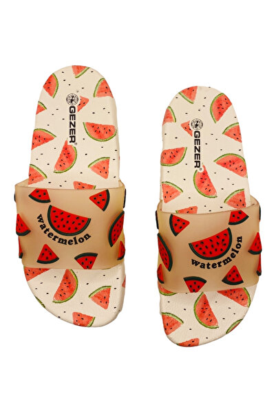 GEZER Beach Slippers, White, Watermelon Print, Size 38, 25 Centimeters