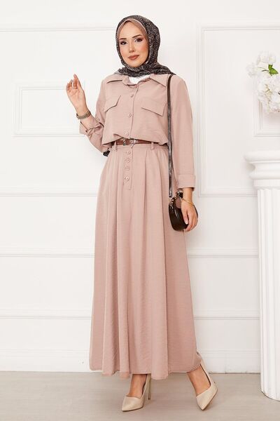 EBRUTESETTÜR Double Hijab Suit with Pleated Skirt and Button Detail