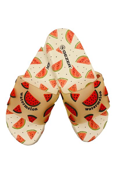 GEZER Beach Slippers, White, Watermelon Print, Size 38, 25 Centimeters