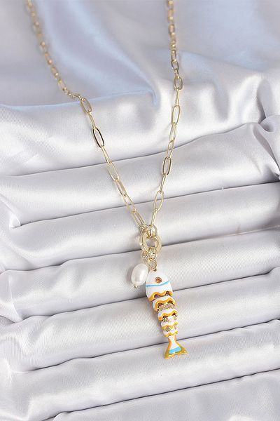 BESKAR Gold Color Brass Necklace with Pearl Detailed Zircon Stone and White Fish Figure