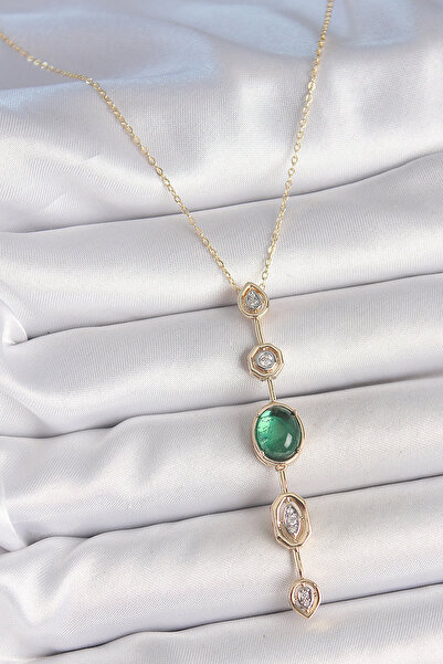 Nehir Brass Chain Emerald Green Gold Color Zircon Stone Y Necklace Valentine'...