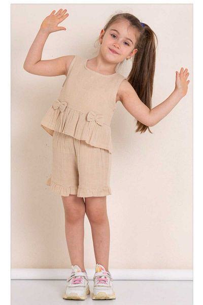 Nimini Kids Summery panglică detaliate muslin Baby Girl T-shirt-shorts Top și Set de jos