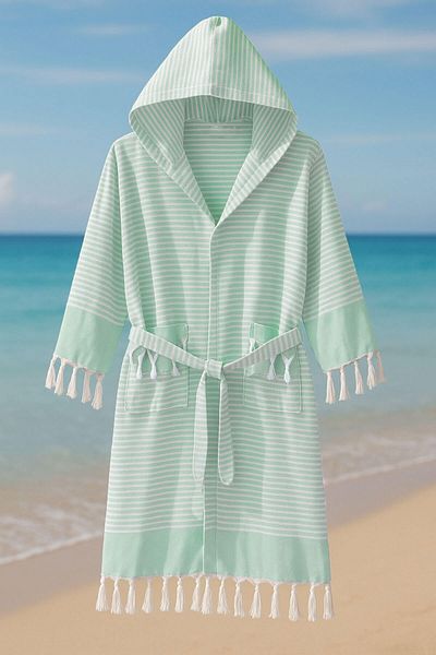 Mira Home Hooded Unisex Peshtemal Beach Bathrobe 100% Cotton Seaside Stripe