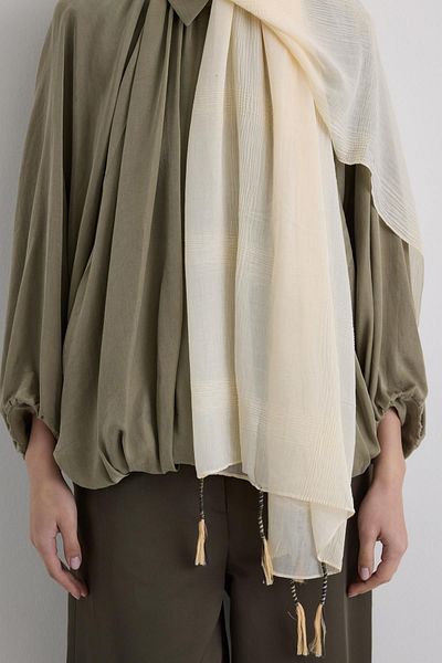 Fenza Brice Live Cream Long Fringe Tassel Cotton Shawl