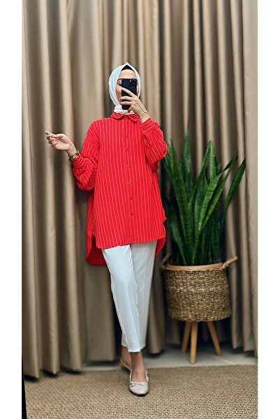 MERVE TESETTÜR Μακρυμάνικο πουκάμισο-τουνίκ με ρίγες στην πλάτη