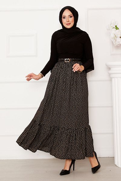 EBRUTESETTÜR Patterned Viscose Skirt with Ruffled Hem and Elastic Waist