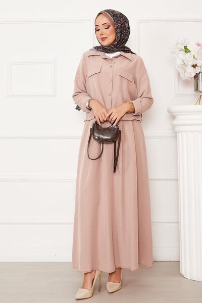 EBRUTESETTÜR Double Hijab Suit with Pleated Skirt and Button Detail