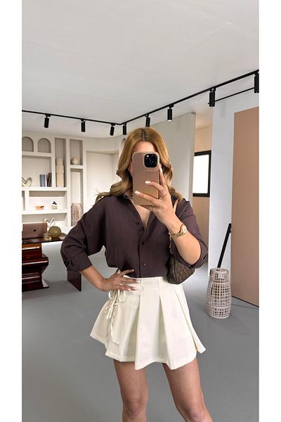 Sezgi Tekin Bow Pleated Detail Ecru Short Skirt