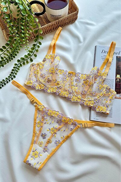 Sarı Çiçek İşlemeli Transparan Sütyen & String Balenli Dantelli Tül Bralet Çeyiz İç Çamaşır takımı