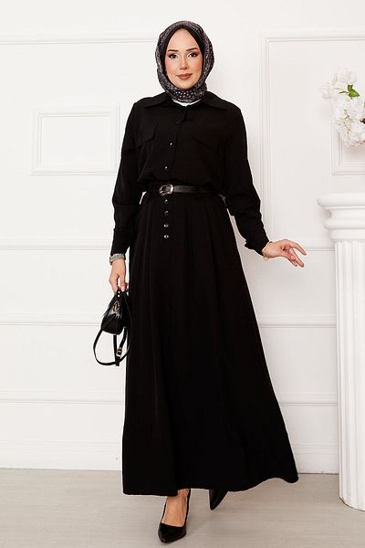 EBRUTESETTÜR Double Hijab Suit with Pleated Skirt and Button Detail