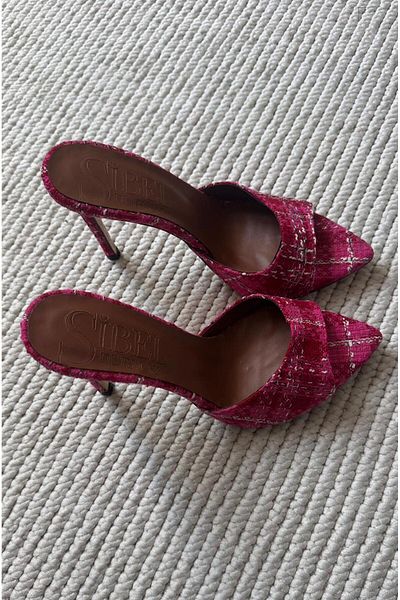 Sibel Shoes Olympos Pink Tweed Fabric Thin Heel Slippers