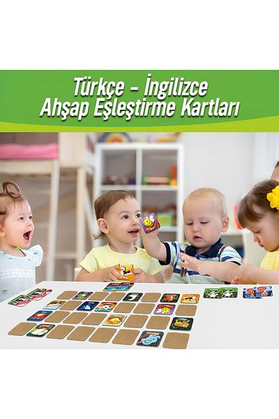 kutuTR Wooden Intelligence Card Matching Game 72 Pieces Cute Animals English-Turkish Cards