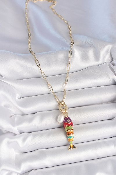 BESKAR Pearl Detailed Zircon Stone Rainbow Fish Figured Gold Color Brass Necklace